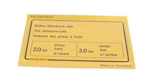 930 1978-89 Tyre Pressure Sticker 2.0 bar 3.0 bar